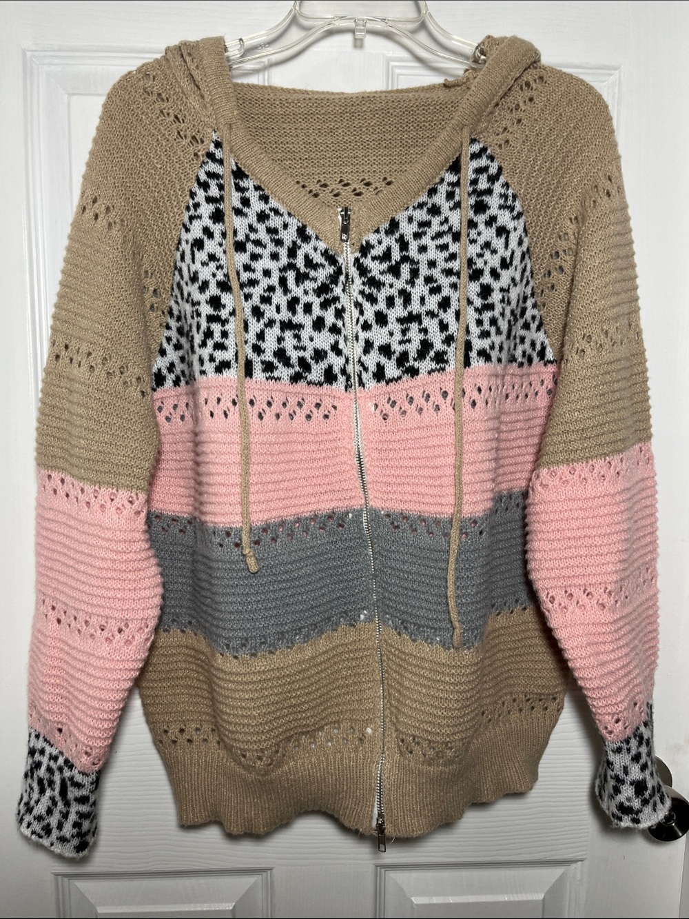 Striped Zip-Up Knit Hoodie Cardigan in Tan, Pink, Gray and Black-White